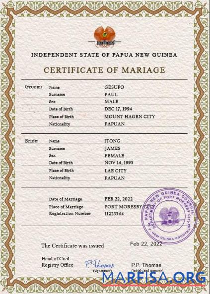 Downloadable Papua New Guinea marriage certificate PSD template
